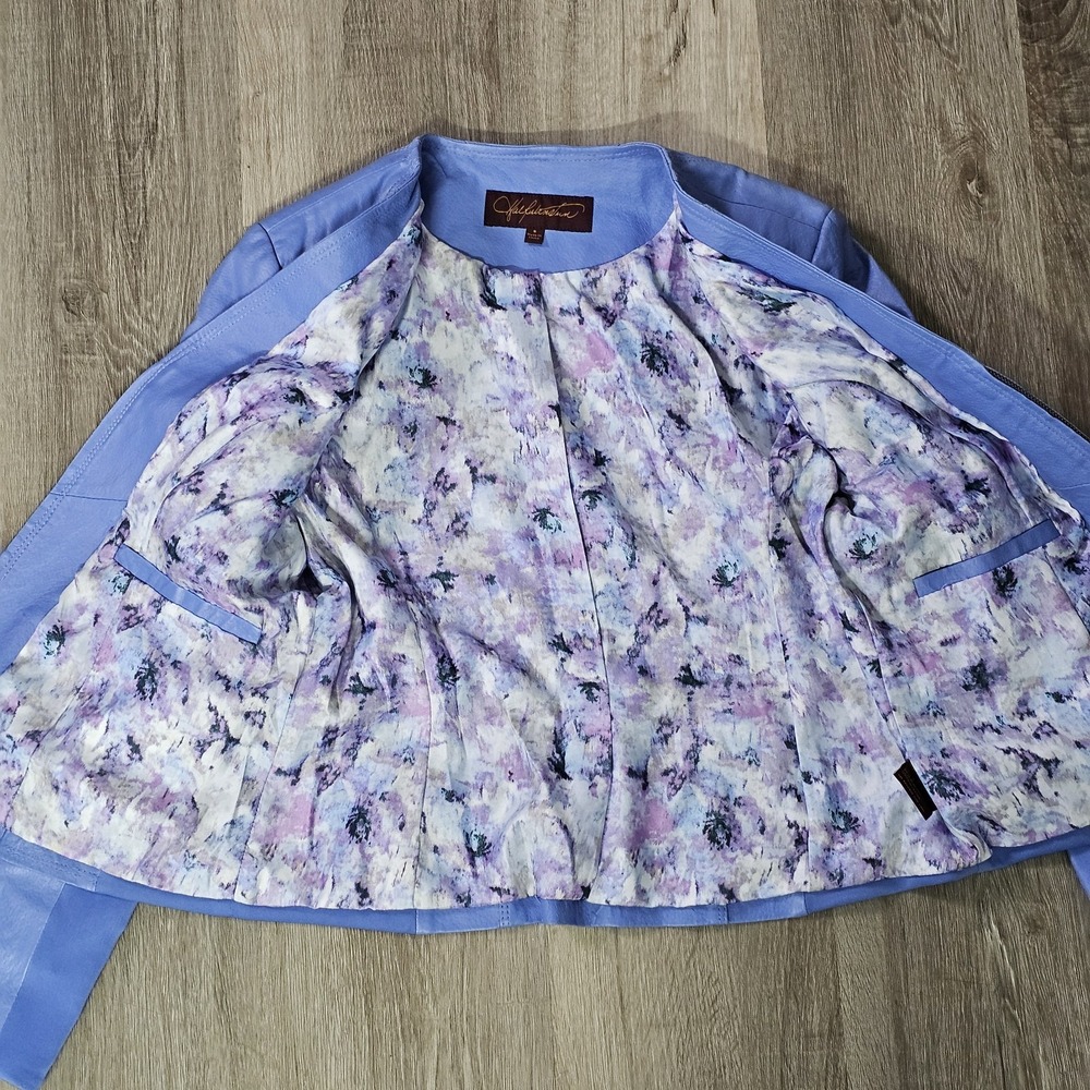 Hal Rubenstein Leather And Fabric Paneled Ladies Jacket Blue Size 6 - Picture 7 of 12